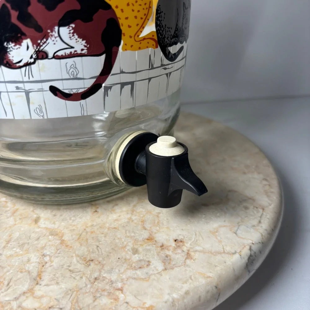 Vintage MCM Anchor Hocking Glass Cats on Fence Drink Dispenser Retro Kitsch 1 Ga